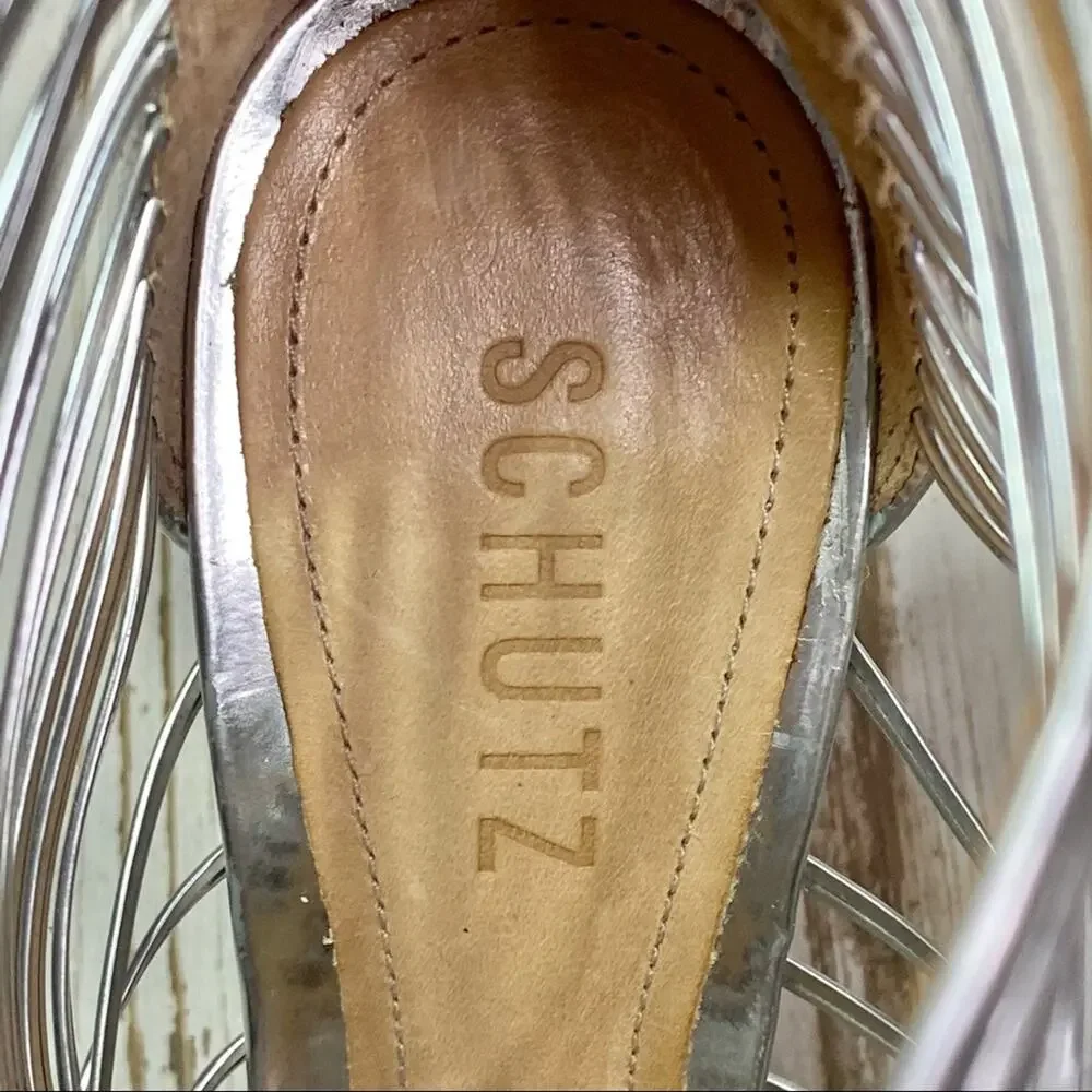 Schutz Margaery Metallic Strappy Sandal Womens Size 6B Silver Stiletto Caged - Picture 13 of 14